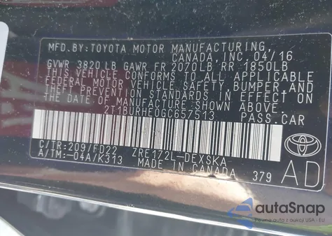 2016 Toyota Corolla S Plus z USA, uszkodzony, nr VIN 2T1BURHE0GC657513